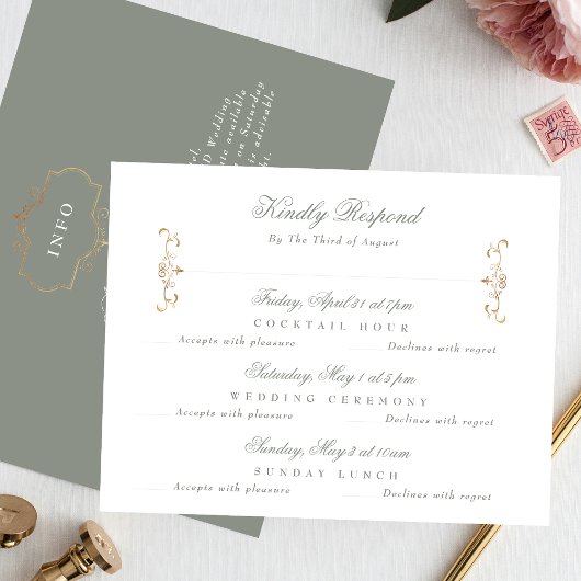 詳細バック金ゴールドセージ結婚グリーン数々のイベント 出欠カード