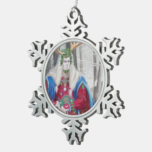 詳細ポートレートのケルトのホリーキング スノーフレークピューターオーナメント (右)