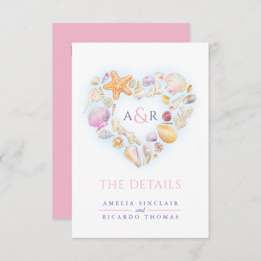 詳細変更ハートシェルビーチ結婚式 エンクロージャーカード (正面/裏面)