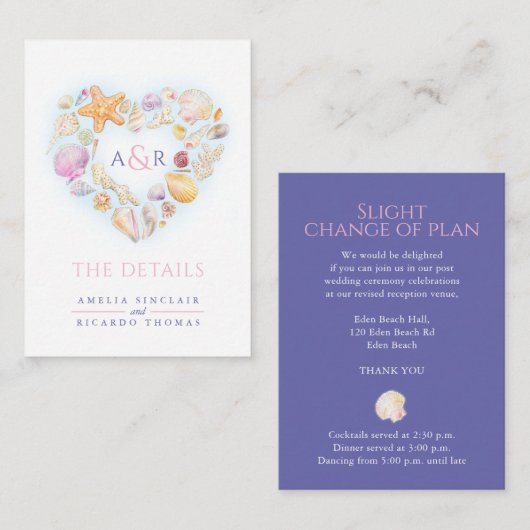 詳細変更ハートシェルビーチ結婚式 エンクロージャーカード (正面/裏面)
