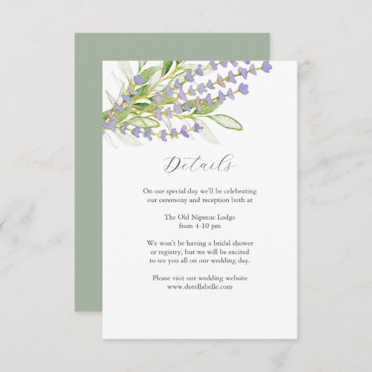 詳細結婚のエンクロージャカード水カラーラベンダー エンクロージャーカード (正面/裏面)