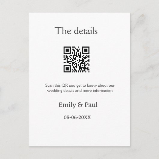 詳細結婚のWebサイトはQRをスキャンするカップル名 ポストカード (正面)