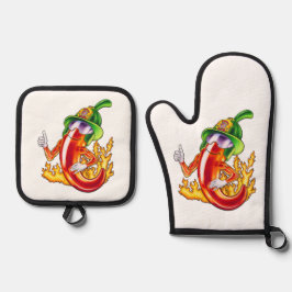 誇りを持ったおもしろいChili On Fire 与え Thumbの消防士 鍋つかみ&鍋敷きセット