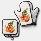 誇りを持ったおもしろいChili On Fire 与え Thumbの消防士 鍋つかみ&鍋敷きセット (正面/裏面)