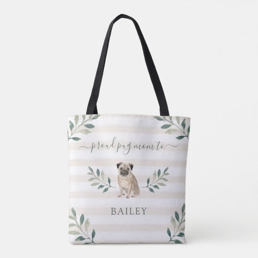 誇りを持ったなパグのお母さん|の植物の葉は縞で飾り、 トートバッグ (裏面)
