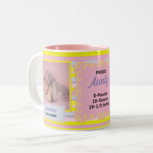 誇りを持ったピンクと黄色の叔母ストライプの2枚の写真 ツートーンマグカップ (正面左)