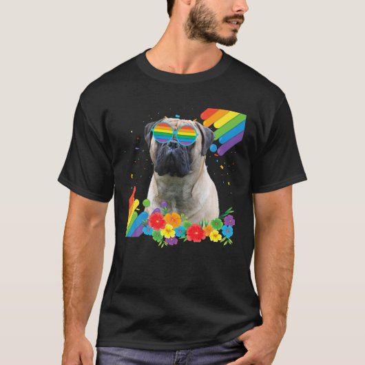 誇りを持ったLGBTゲイブルマスチフ犬プライド旗虹 Tシャツ (正面)