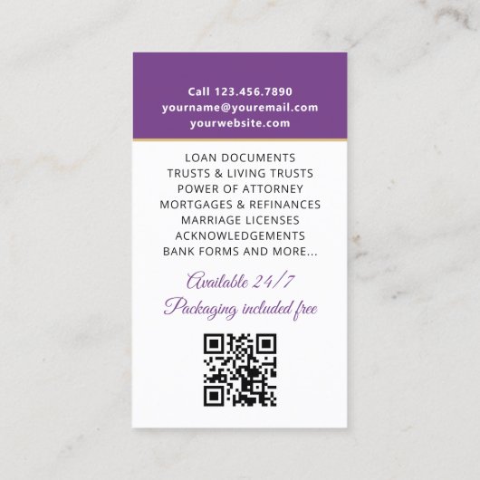 認定の公証人公開写真QRコードパープル 名刺 (裏面)
