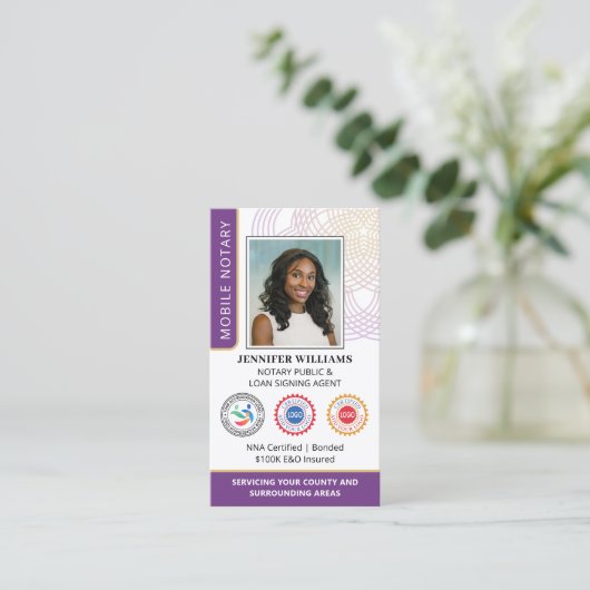 認定の公証人公開写真QRコードパープル 名刺 (スタンド正面)