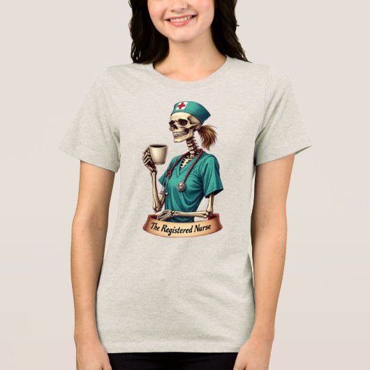 認定看護師のガイコツ - コーヒーとケア トライブレンドTシャツ (正面)