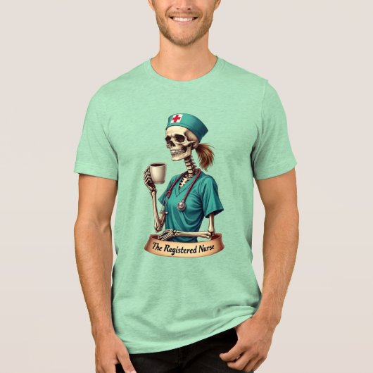 認定看護師のガイコツ - コーヒーとケア トライブレンドTシャツ (正面)