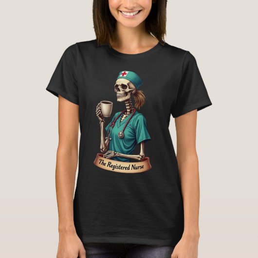 認定看護師のガイコツ - コーヒーとケア Tシャツ (正面)