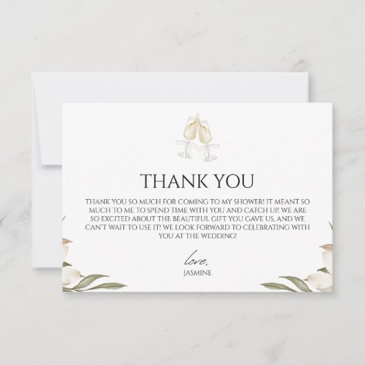 誓いの前にヴィノ 現代の白い花のブライズシャワー サンキューカード (正面)
