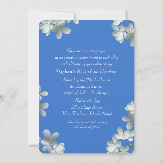 誓いを更新する青と白のフローラ招待状 招待状 (裏面)