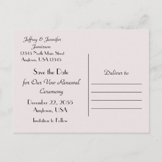 誓の更新式ピンク・ローズの日付を保存 案内ポストカード (裏面)