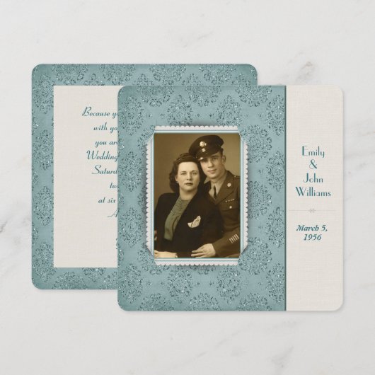 誓約更新 ヴィンテージ グリッター ダマスク フォトフレーム 招待状 (正面/裏面)