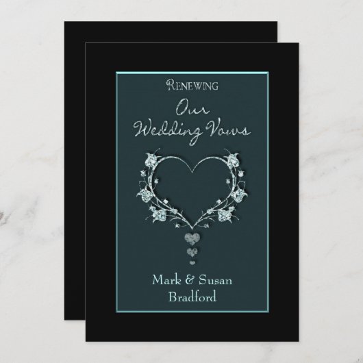誓結婚いを更新する – ティール(緑がかった色)/ハート 招待状 (正面/裏面)