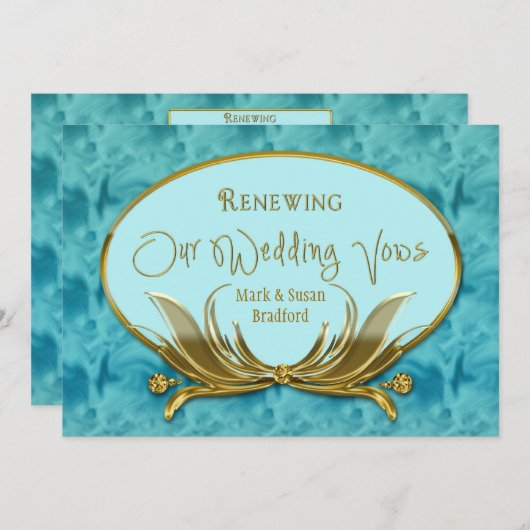 誓結婚いを更新すエレガントる – 青/金ゴールド/フレーム 招待状 (正面/裏面)