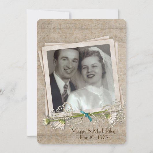 誓結婚い更新の古い写真フレームとデイジー 招待状 (正面)
