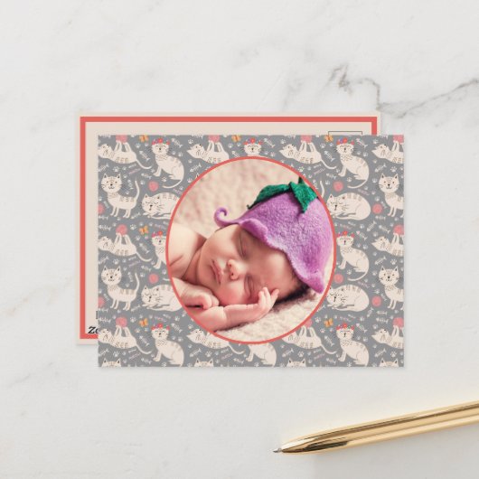 誕生のお知らせ遊かわいい猫の球糸 ポストカード (正面/裏面インサイチュ)