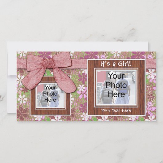 誕生のお知らせ、ピンクのフレームとボーフォトカード 案内状 (正面)