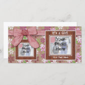 誕生のお知らせ、ピンクのフレームとボーフォトカード 案内状 (正面/裏面)