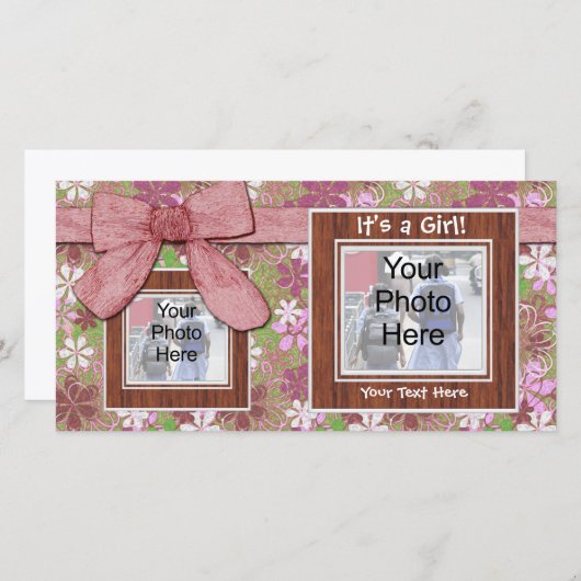 誕生のお知らせ、ピンクのフレームとボーフォトカード 案内状 (正面/裏面)