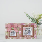 誕生のお知らせ、ピンクのフレームとボーフォトカード 案内状 (スタンド正面)