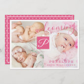 誕生のお知らせ – 複数の写真ピンク&ホワイト 案内状 (正面/裏面)