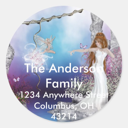 誕生の妖精ファンタジー差出人住所ラベル ラウンドシール (正面)