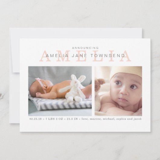 誕生の発表の女の子-ピンクおよび灰色 案内状 (正面)