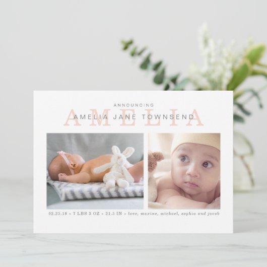 誕生の発表の女の子-ピンクおよび灰色 案内状 (スタンド正面)