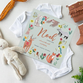 誕生の発表グリーンかわいいウッドランド動物 サンキューカード