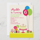 誕生ガーリー日パーティー-ケーキ風船キャンディーカップケーキ 招待状 (正面)