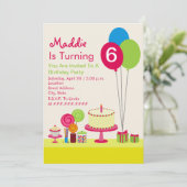 誕生ガーリー日パーティー-ケーキ風船キャンディーカップケーキ 招待状 (スタンド正面)