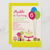 誕生ガーリー日パーティー-ケーキ風船キャンディーカップケーキ 招待状 (正面/裏面)