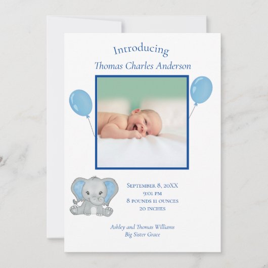 誕生スタツブルーエレファント男の赤ちゃん誕生 案内状 (正面)