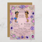 誕生ツインベビー発表，ピンク，カラフル 案内状 (正面/裏面)