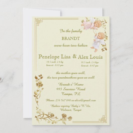 誕生ツインベビー発表 案内状 (正面)