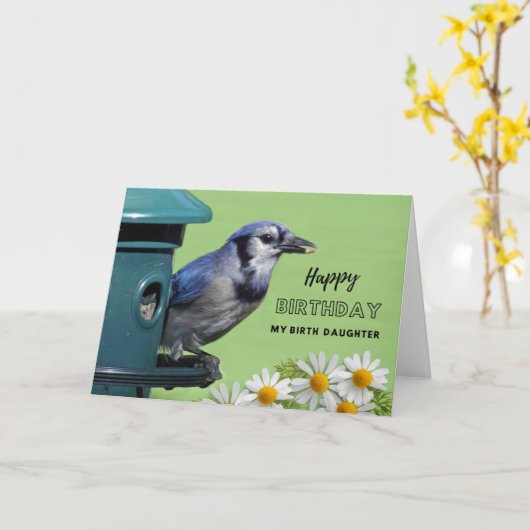 誕生ドーター誕生日とBlue Jay at Feeder カード (黄色い花)