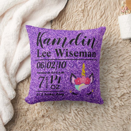 誕生パーソナライズされたユニコーンパープルグリッター枕 クッション (ブランケット)