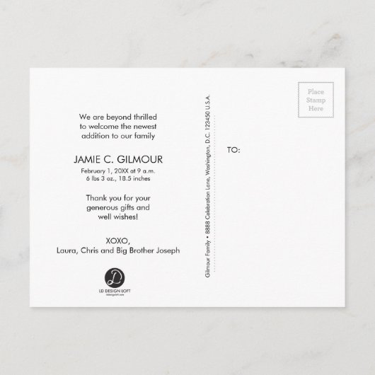 誕生パーソナライズされた発表2番目のベビー写真 案内ポストカード (裏面)