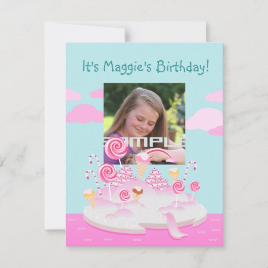 誕生パーティー用のピンクキャンディーワールドケーキ 招待状 (正面)