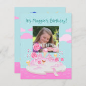 誕生パーティー用のピンクキャンディーワールドケーキ 招待状 (正面/裏面)