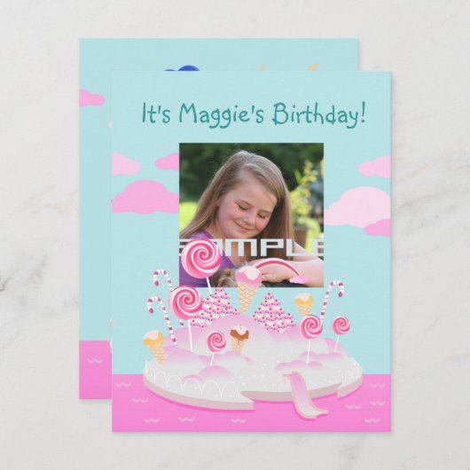 誕生パーティー用のピンクキャンディーワールドケーキ 招待状 (正面/裏面)