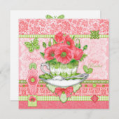 誕生フラワー&ジェム威厳があるティーカップカード 招待状 (正面/裏面)