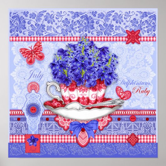 誕生フラワー&ジェム7月ティーカップポスター ポスター (正面)