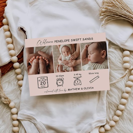 誕生モダン発表3枚フォトコラージカード 招待状