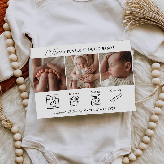 誕生モダン発表3枚フォトコラージカード 招待状