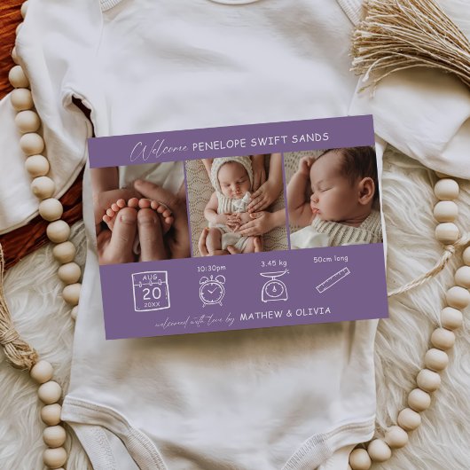 誕生モダン発表3枚フォトコラージカード 招待状